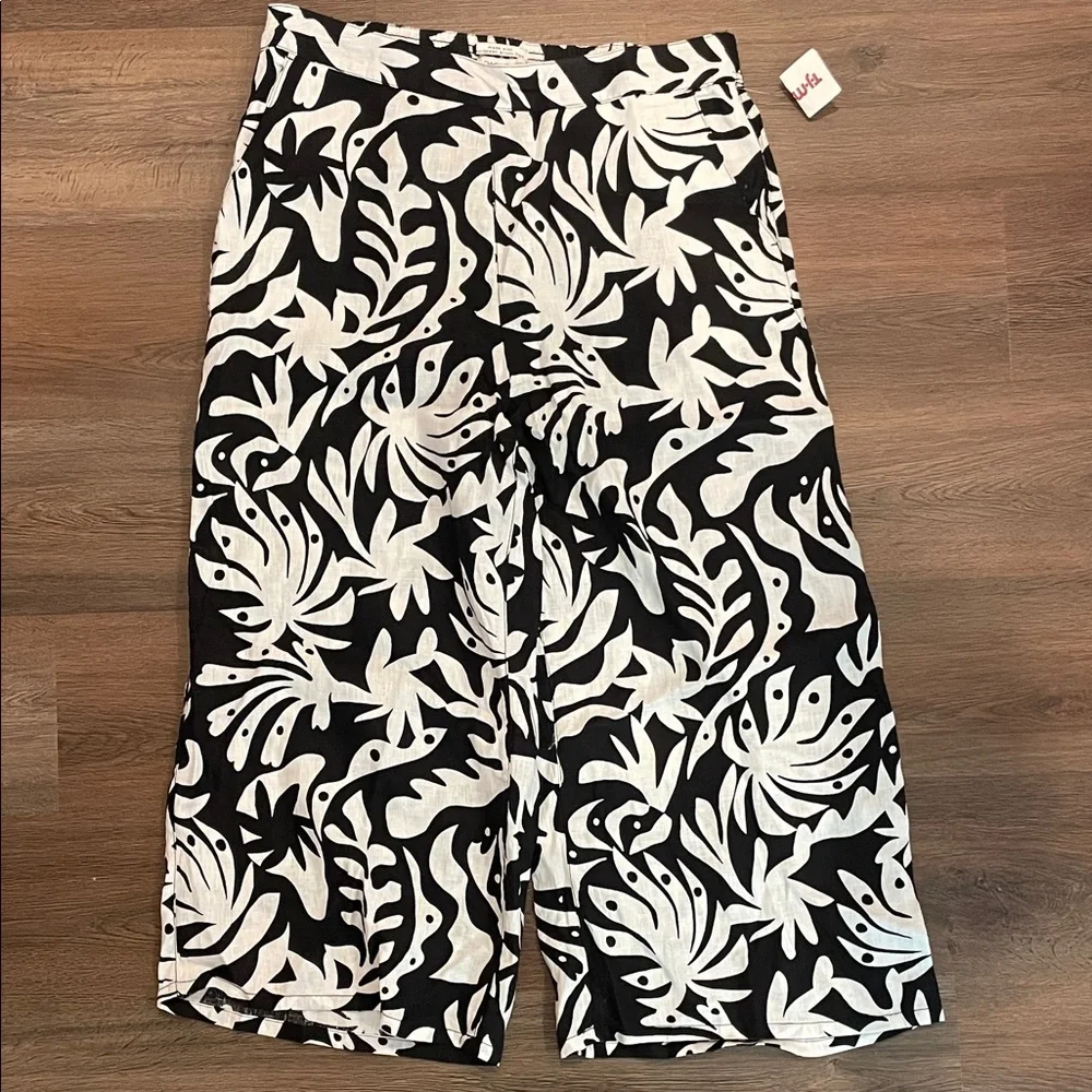 Rachel Zoe 100% Linen Black and White Leaf Print Pants XL NWT - Picture 1 of 5